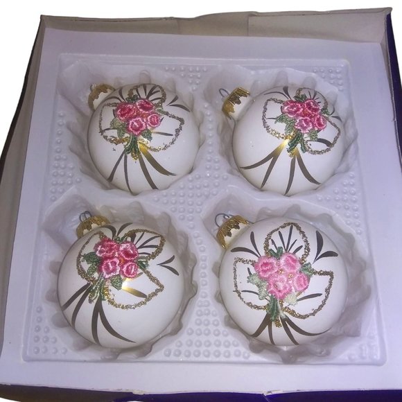 VTG Kurt Adler Pink Floral Glass Ball Ornaments Set of 4 Embroidered Gold Glitte - Picture 1 of 13